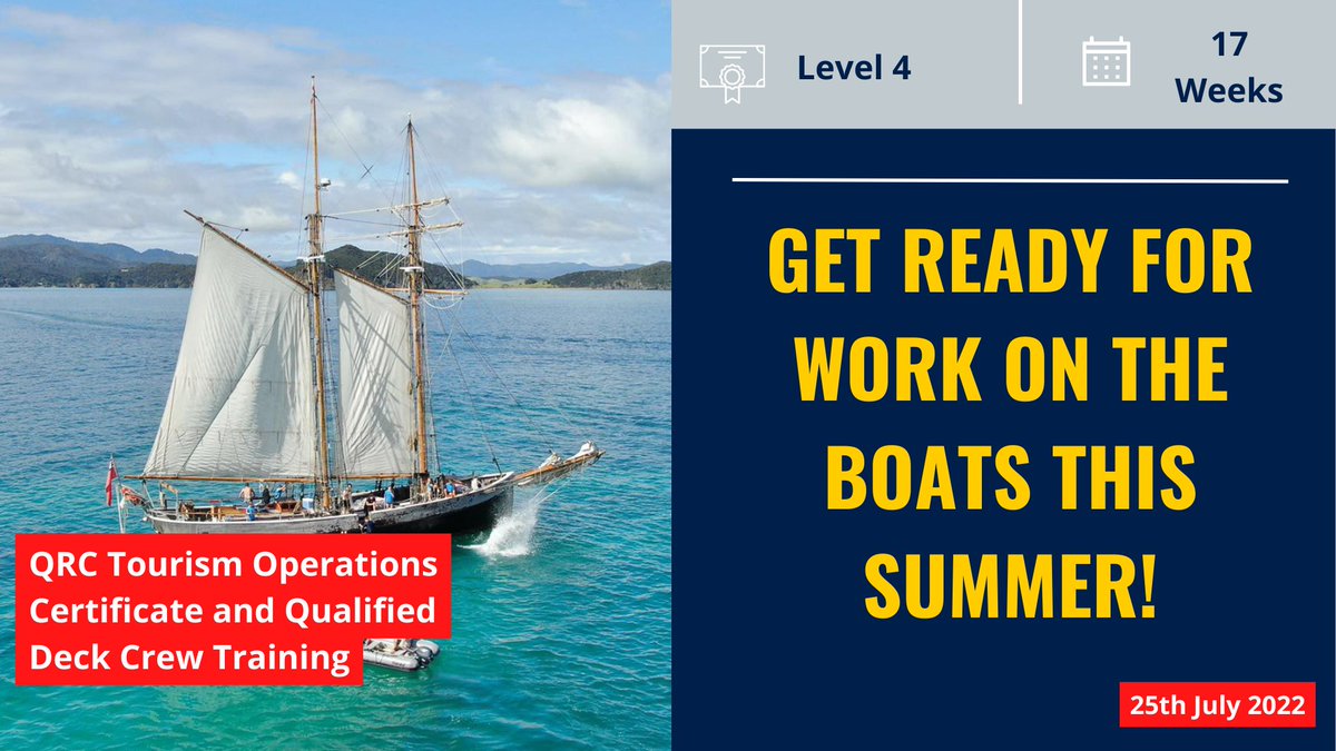 Have you ever dreamed of working at sea on a boat? We have teamed up with QRC Tai Tokerau Resort College and Skipper Training NZ to deliver a Maritime Training and Tourism Operations Course.
qrc.ac.nz/qualified-deck…

#studynz #workonboats #maritime #tourism #studytourism #sailing