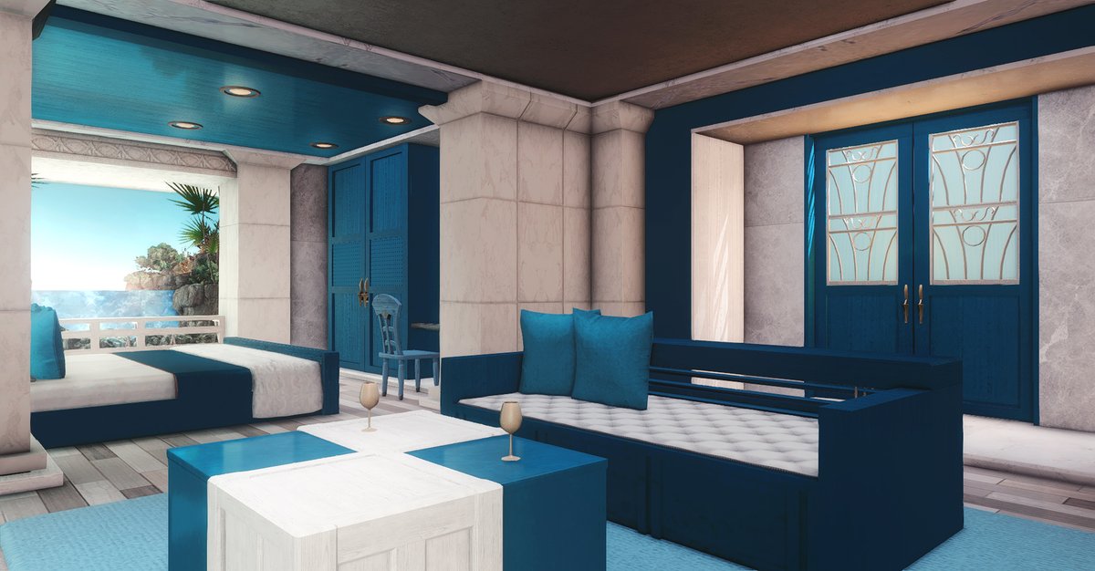 FaeriePeach's tweet photo. [L] "Santorini" - A luxurious vacation suite overlooking the seaside ⛵️ 

Elemental, Kujata, Empyreum, W5, P60. 

#FF14Housing #hgxiv #HousingEden #FF14ハウジング #FFXIV #FF14 https://t.co/dJTZCfy6Ru