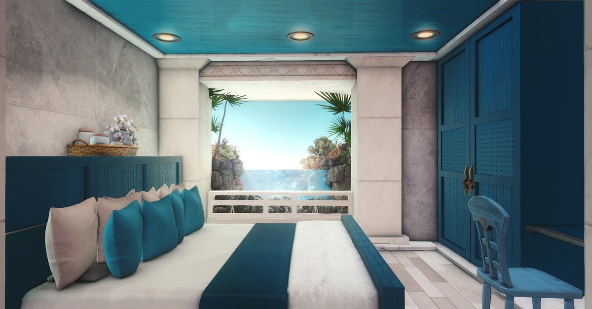 FaeriePeach's tweet photo. [L] "Santorini" - A luxurious vacation suite overlooking the seaside ⛵️ 

Elemental, Kujata, Empyreum, W5, P60. 

#FF14Housing #hgxiv #HousingEden #FF14ハウジング #FFXIV #FF14 https://t.co/dJTZCfy6Ru