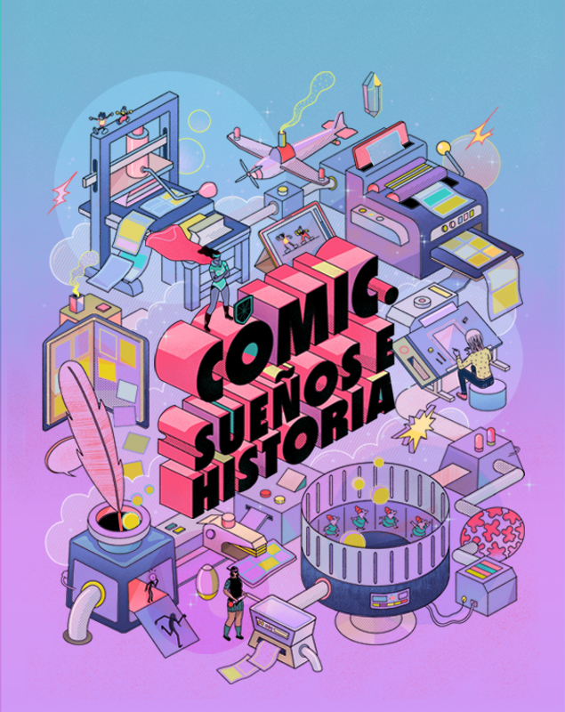 cartel de Cómic. Sueños e historia en CaixaForum Madrid presenta al noveno arte como espejo de realidad capaz de captar cambios en la sociedad y los modelos de imaginación, detalle del cartel de la muestra, un diseño de Ana Galvañ 