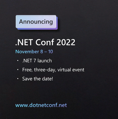 gcaughey's tweet image. .NETConf will be November 8-10 this year. .NET 7 will launch then - see you there! #MSBuild #DevMC