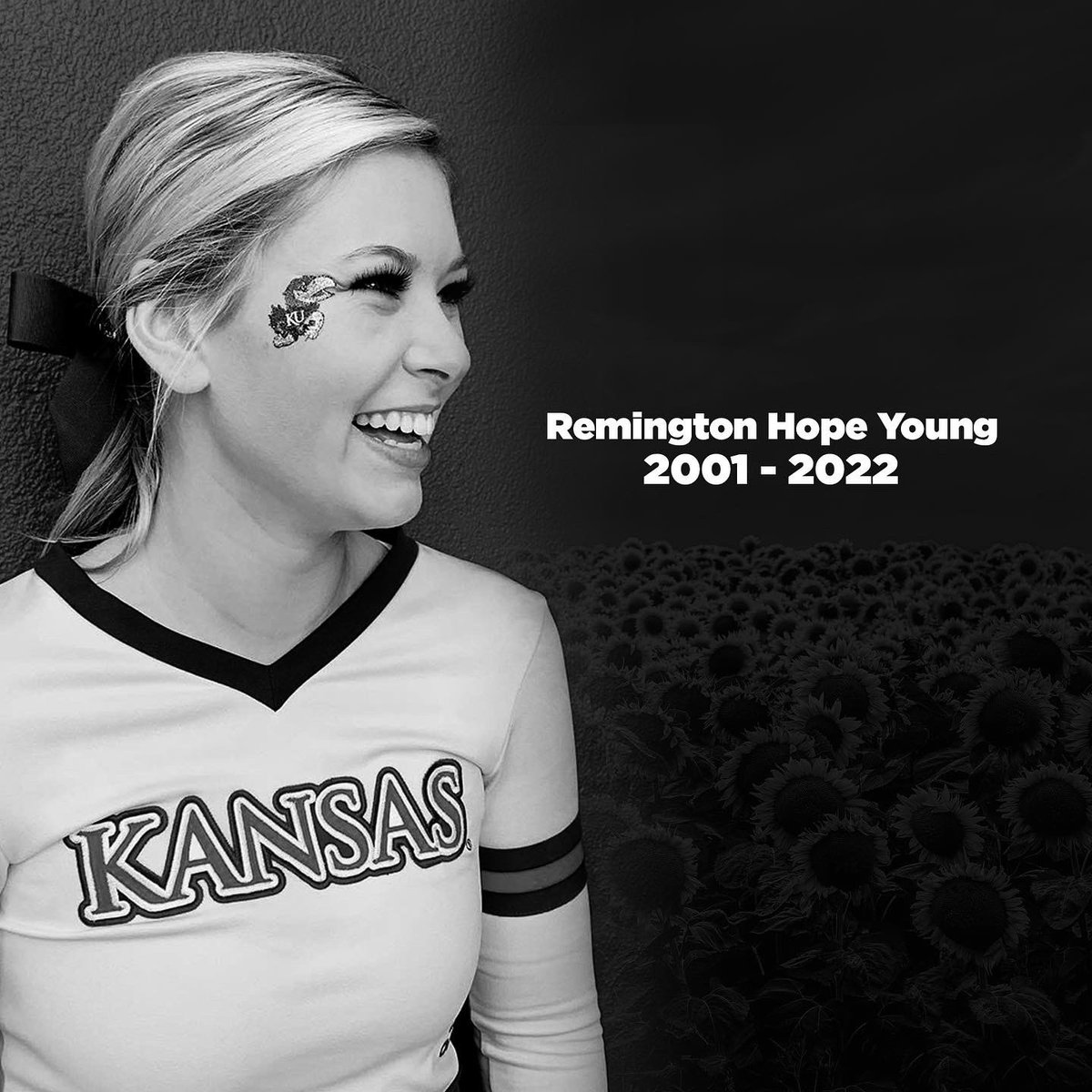 kucheerleading's tweet photo. Our Jayhawk family is heartbroken at the passing of one of our former athletes, Remington Young.

She was the sunflower of our squad, an incredible teammate, and a friend to us all.

We are sending our thoughts and prayers to her family, friends, teammates, and loved ones 💙 https://t.co/1YXzBPJQhW