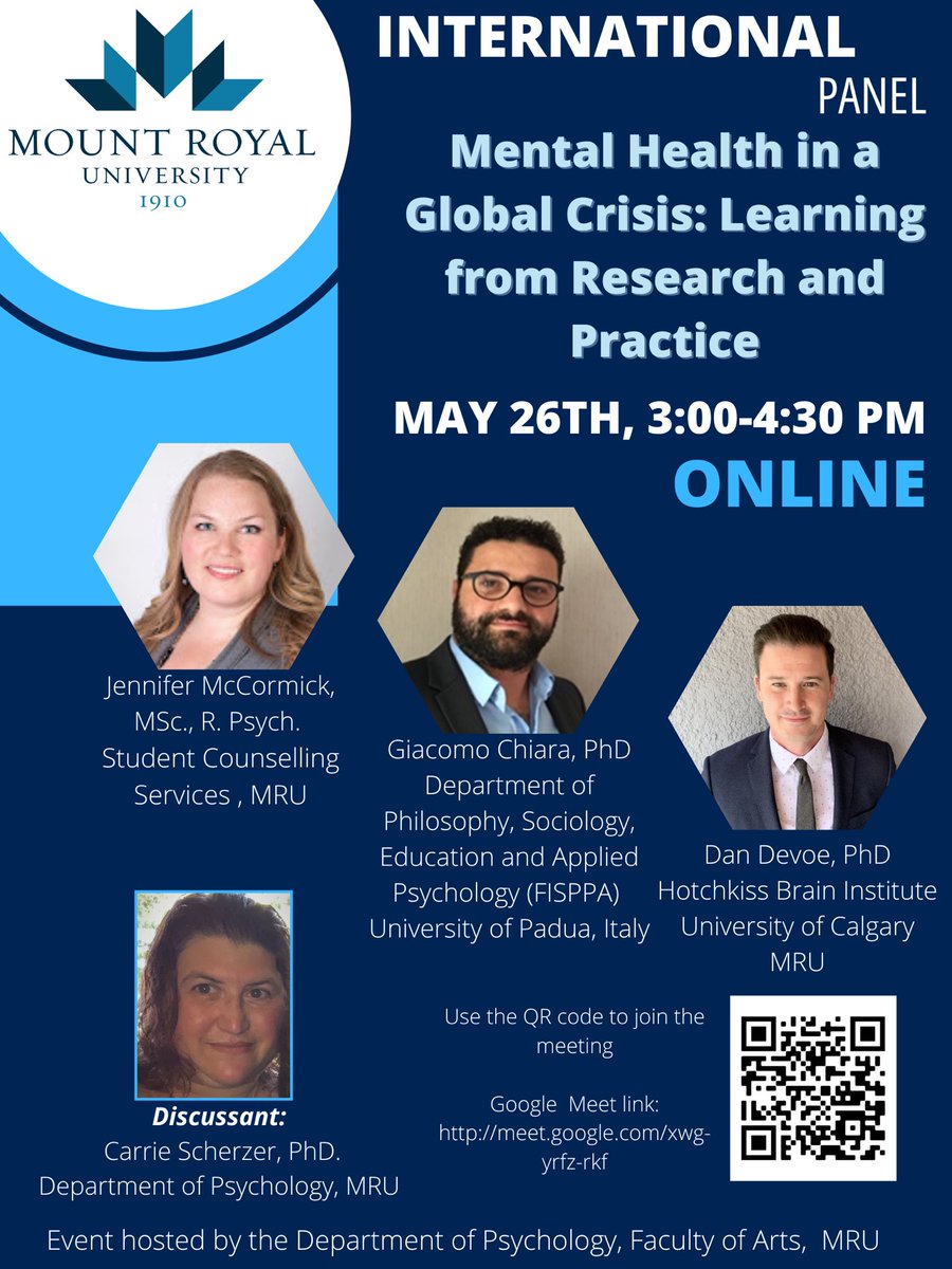 PSYCMRU1's tweet photo. Please join us tomorrow for our International Panel where we will discuss the global mental health crisis. 3pm All are welcome. ⁦@mountroyal4u⁩ ⁦@MRU_Arts⁩ https://t.co/kc08NYr7BO
