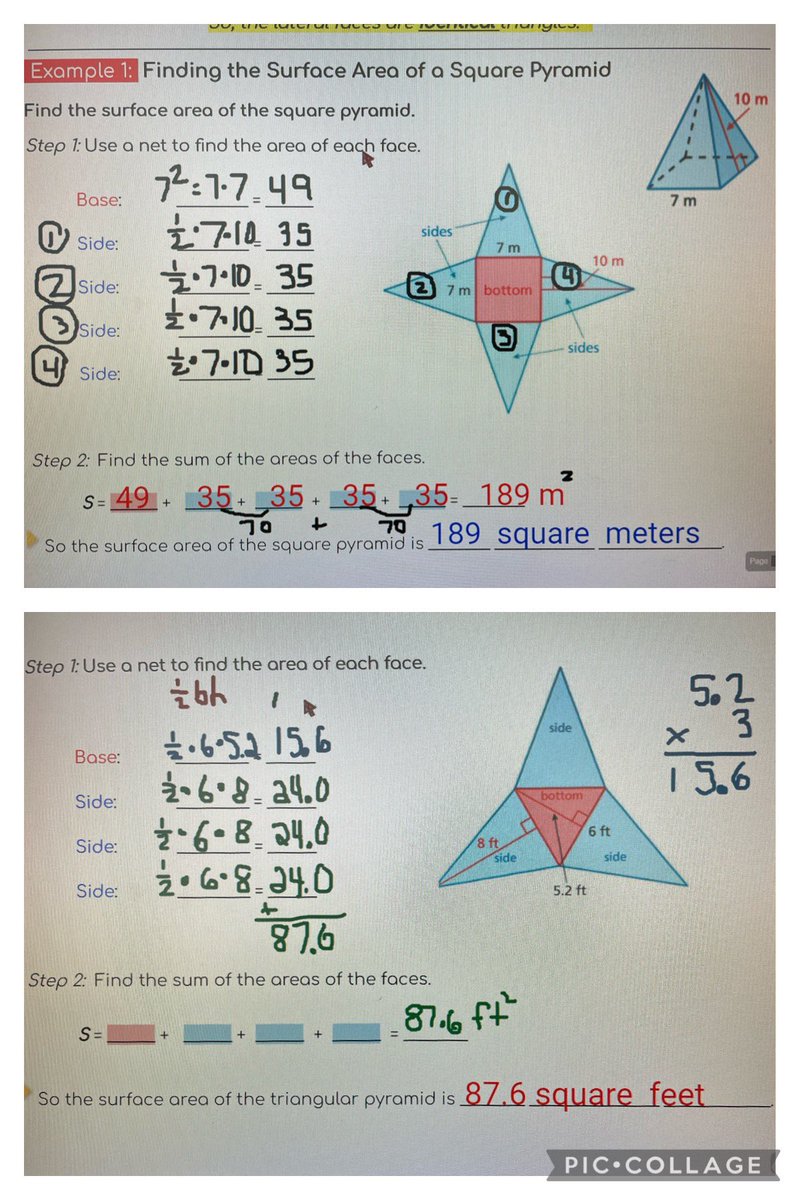 MathyKathy2014's tweet photo. Ss calculated the surface areas of square & triangular pyramids. Great job 6th graders! π¦ πΎ #180wayslionslead #MTPSpride #Grade6Math @thorne_ms @MrsSmithTMS https://t.co/7bQlJ5DK21