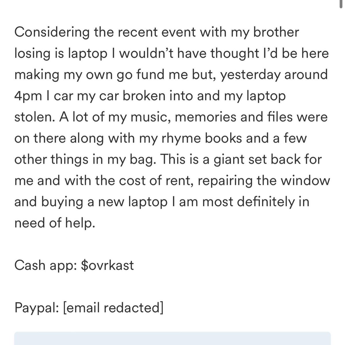 ovrkast's tweet photo. They got me for my laptop, all my music. Pls help if you can! https://t.co/nlgYiOSfQ8 https://t.co/EnmMHQhMI4