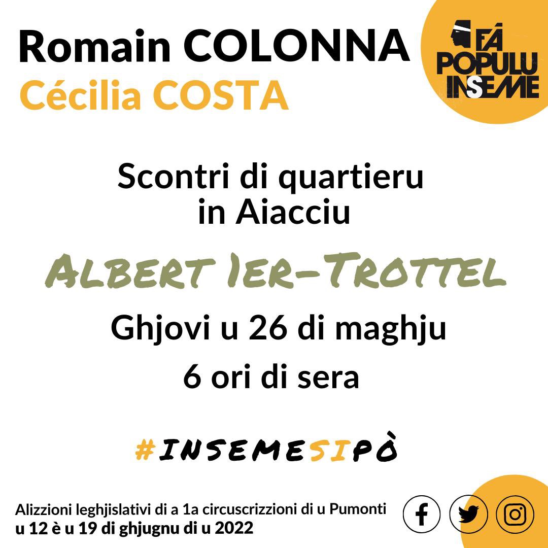 Romain_Colonna's tweet photo. #Législative
Dumane ghjovi, andemu à scuntrà a ghjente è i cummercianti di u quartieru di l’Albert 1er/Trottel in #Aiacciu. 
À dumane cù Romain Colonna - Cécilia Costa 2022
#InsemeSiPò #FàPopuluInseme https://t.co/b14hU9fYNY