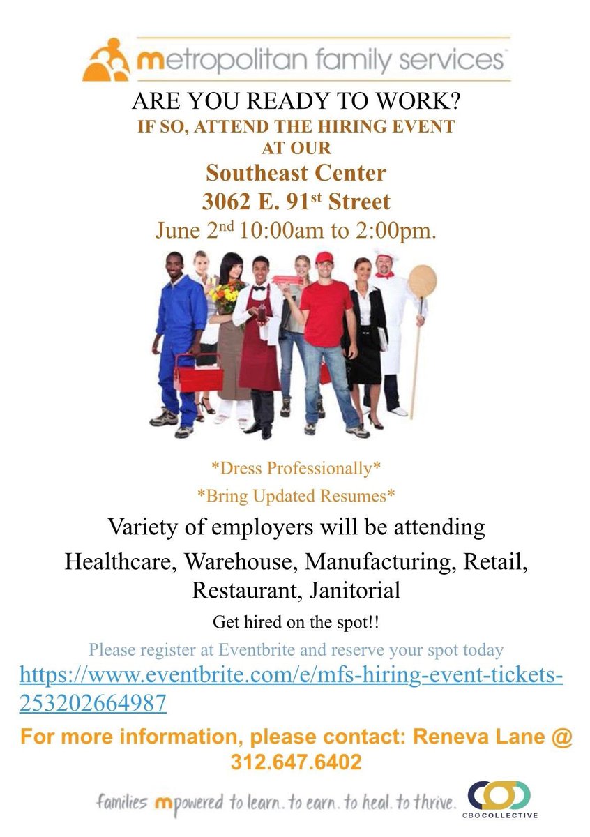 ARE YOU READY TO WORK?  Join CBO Collective member <a href="/MetroFamChicago/">MetroFamily Services</a> for their hiring event on Thursday, June 2nd.  Please share this among your networks and let's get Chicago to work.  Register at Eventbrite and reserve your spot today lnkd.in/gtpYkUyN