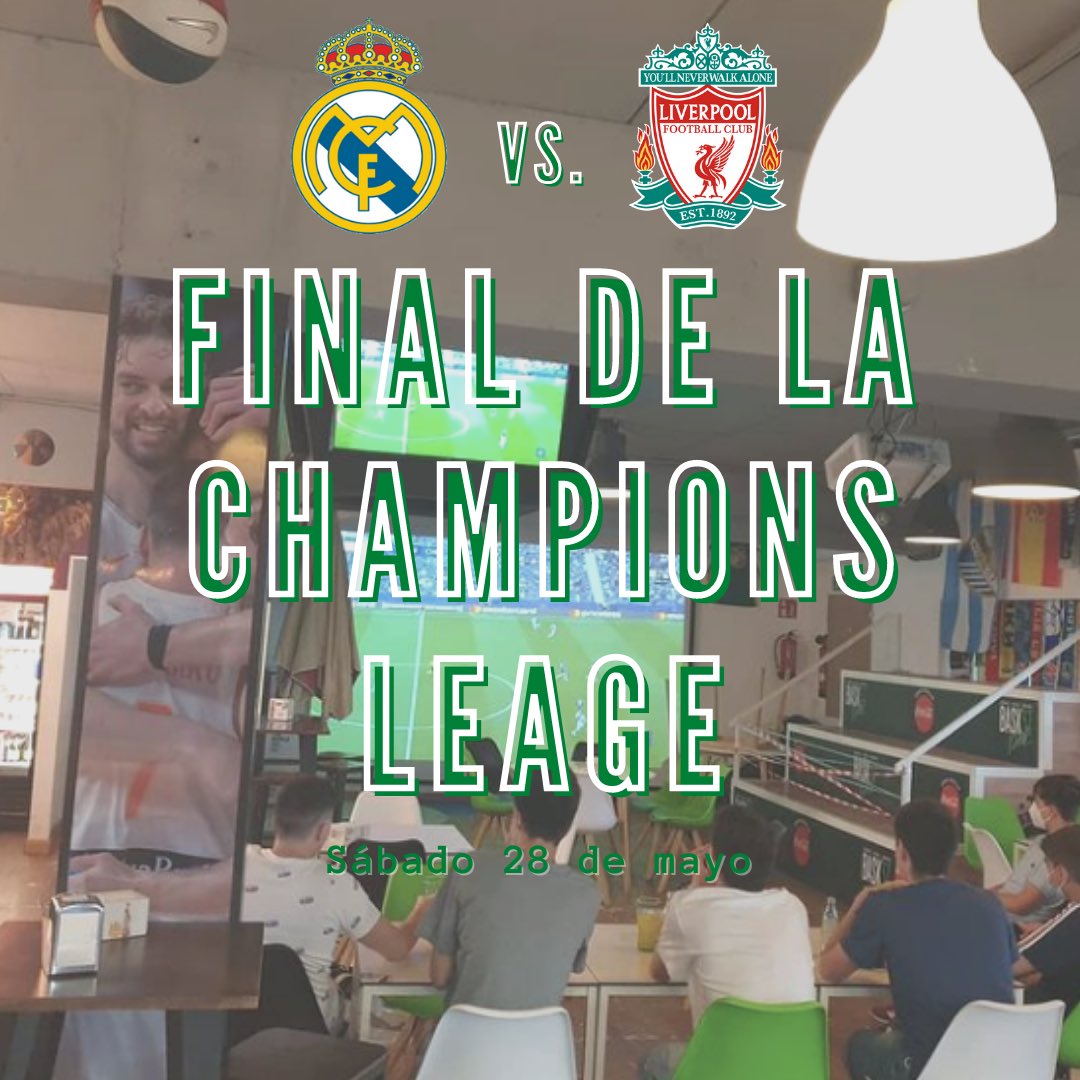 Bask3Tbar's tweet photo. ¡Os esperamos este sábado para ver la final con nosotros! 🙌🏼
No os quedéis sin mesa y reservad al 📞681264740 👏🏽🤩
#championsleague #realmadrid #liverpool #bask3tbar https://t.co/Gc9LKvuXbw
