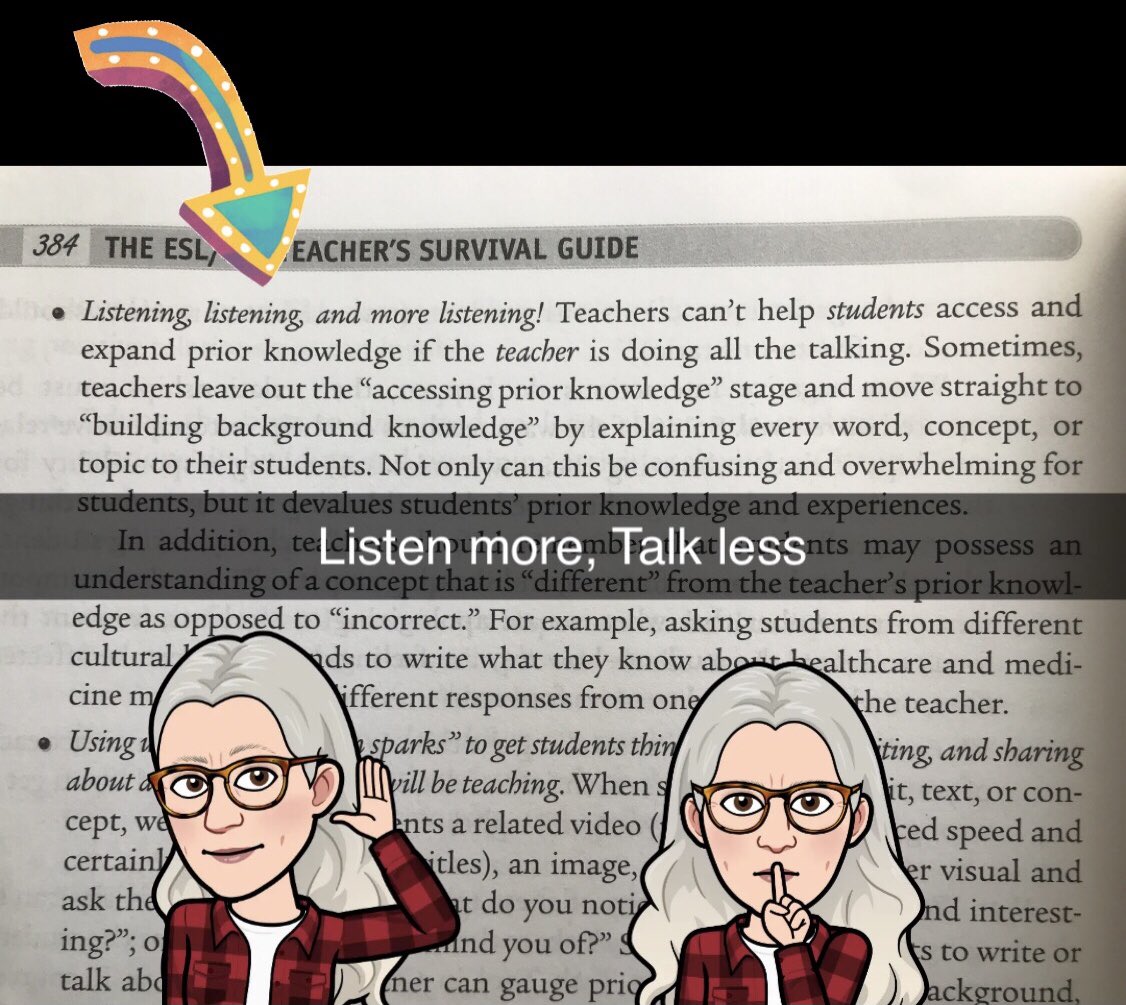 alycia_owen's tweet photo. Sometimes we talk too much in the interest of covering more content, but “teachers can’t help Ss access &amp; expand prior knowledge if the T is doing all the talking.” Talk less, Listen more. #ESLsg @Larryferlazzo @KHullSyp #MLLChat_BkClub 6.0 #MLL #ELL https://t.co/TKE5GlkOI1