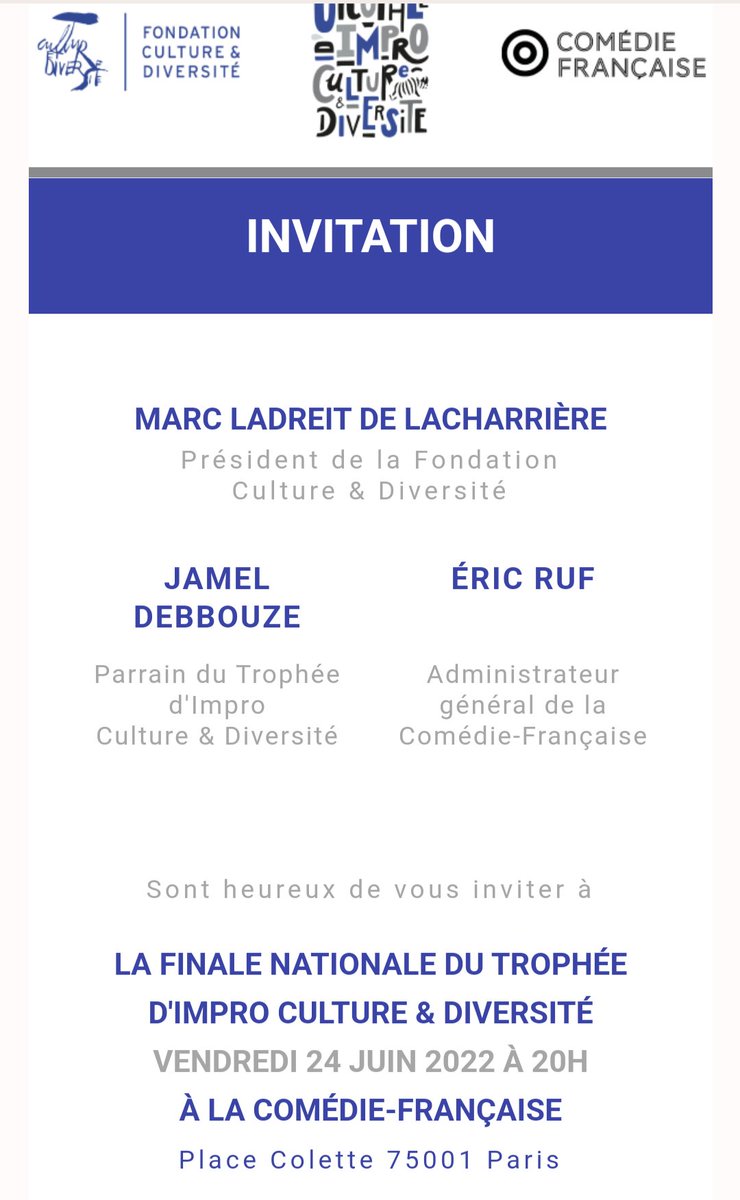 📆✅ C'est ça les mails qu'on veut recevoir.
L'improvisation à la <a href="/ComedieFr/">Comédie-Française</a>, c'est exceptionnel !
👏 <a href="/DebbouzeJamel/">Jamel Debbouze</a> et la <a href="/FondationCD/">CultureEtDiversité</a> !