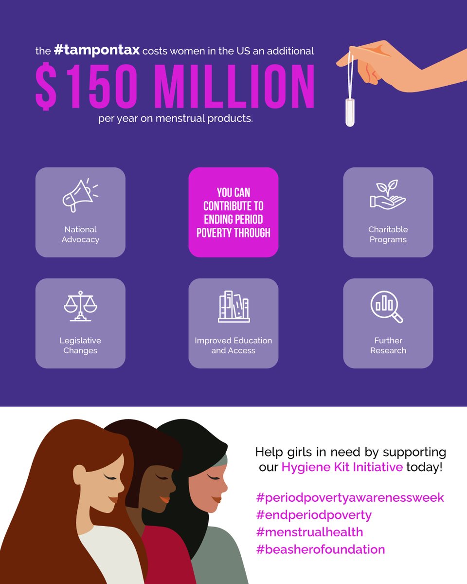 SHEROFoundation's tweet photo. Period Poverty Awareness Week began May 23rd and runs till May 29th 2022.

Visit https://t.co/QnTMNpoaS6 today to help out for hygiene kit donations. 

#endperiodpoverty #periodpovertyawareness #menstrualhealth 
#beashero #beasherofoundation https://t.co/ce4dSAm1vy