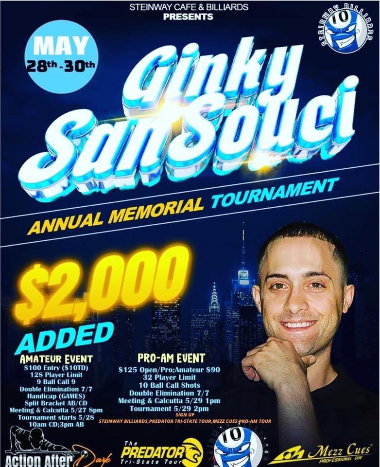 PredatorTriSt8's tweet photo. 10th Ginky Memorial is This Weekend! - https://t.co/NPxfqplzqD This is a PREPAID event! Entry MUST BE PAID before draw on Fri 5/27. 
Amateur 9-Ball 5/28-5/30. Player mtg Fri 5/27 @ 8pm. $100 entry/128 player limit/AB-CD split.
Pro-Am 10-Ball 5/29-5/30. $125 Open/Pro/$90 Amateur https://t.co/YXhM1L4pRv