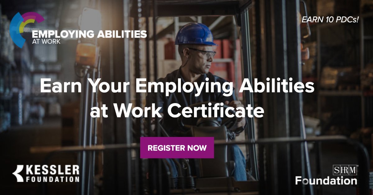 #SHRMFoundation launched the Employing Abilities at Work certificate. This free certificate, made possible by a grant from <a href="/KesslerFdn/">Kessler Foundation</a>, educates #HR, managers &amp; leaders on providing a more inclusive workplace for individuals with disabilities. shrm.co/yaecpa