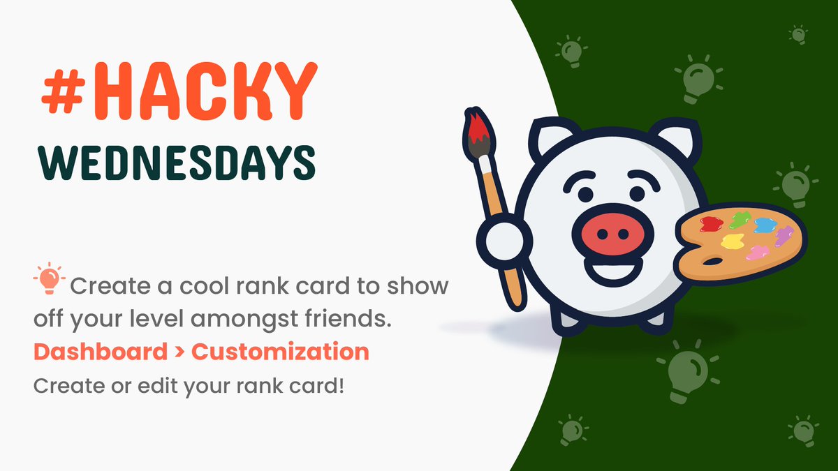 piggy_discord's tweet photo. Hack Wednesdays is back 🔥
It's time to show off your superiority to your friends and peers 😁
You can do that by making your very own RANK CARD 💳
#Piggy #HackyWednesdays #wednesdaythought #Discord #hacks #customization #Rank #rankcard https://t.co/v0DT21lSge