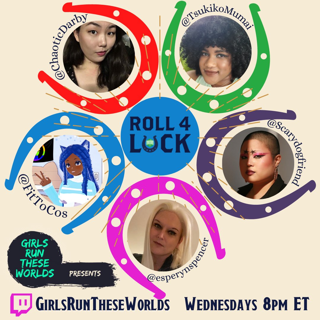GirlsRunWorlds's tweet photo. HAPPENING TONIGHT! Episode 5 of @Roll4Luck! @Scarydogfriend @esperynspencer @FitToCos @ChaoticDarby @tsukikomumai join @ryuplaysgames as they begin their escort mission into the forest of Copeland! #ttrpg #dnd #womenrun https://t.co/pUkHzlhuKS