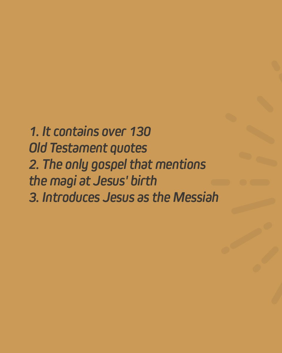 boundlessYVR's tweet photo. 1. It contains over 130 Old Testament quotes

2. The only gospel that mentions the magi at Jesus' birth

3. Introduces Jesus as the Messiah

#infinitumlife #love #life #deeplifewidelove #jesus #salvationarmy #thesalvationarmy https://t.co/gVAooWtkgz