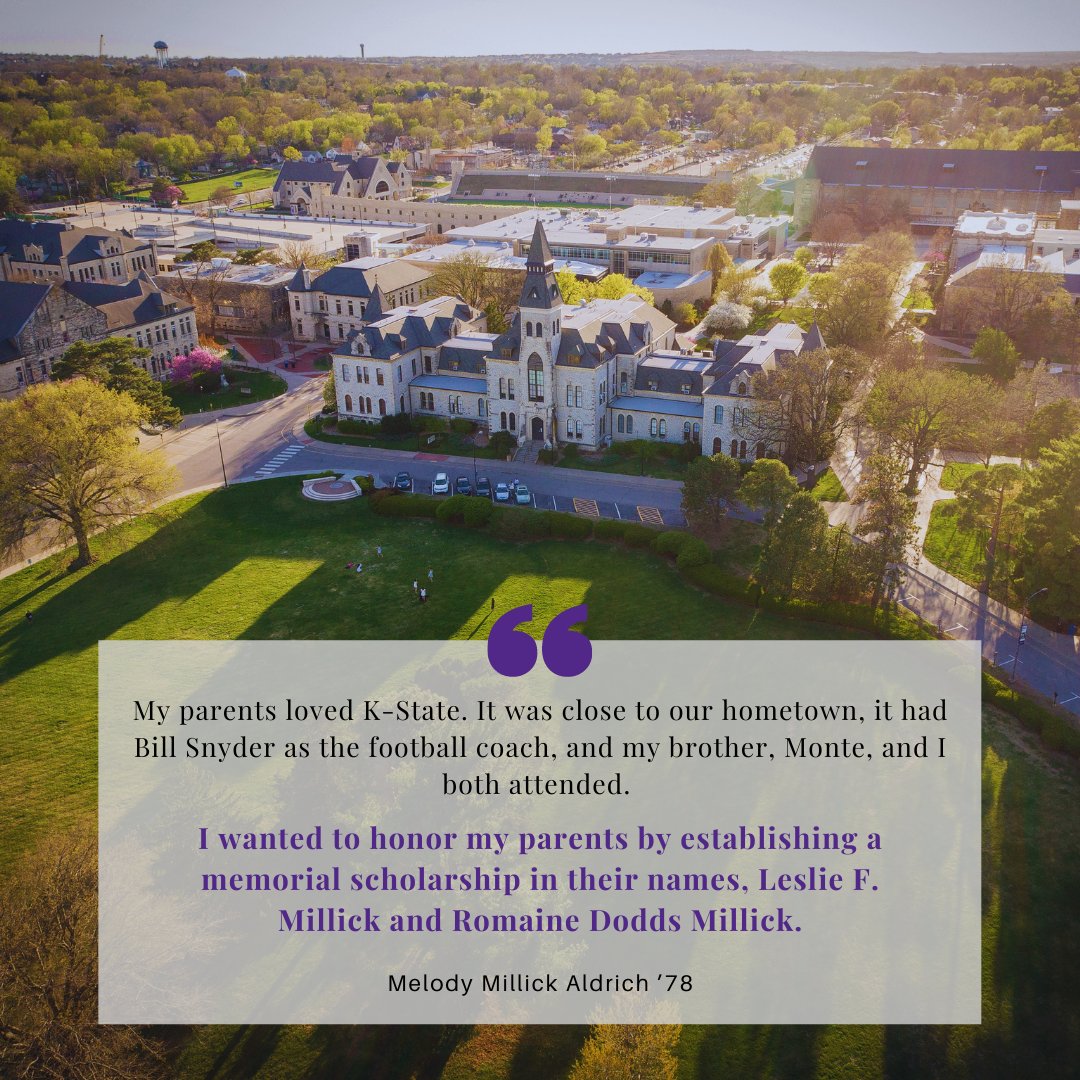 KSU_Foundation's tweet photo. For today's #WhyIGiveWednesday we hear from Melody Millick Aldrich ’78. Melody wanted to honor her parents by establishing a memorial scholarship. Why do you give?

#KState #StudentScholarships #Giving https://t.co/W6jNZvXeGP