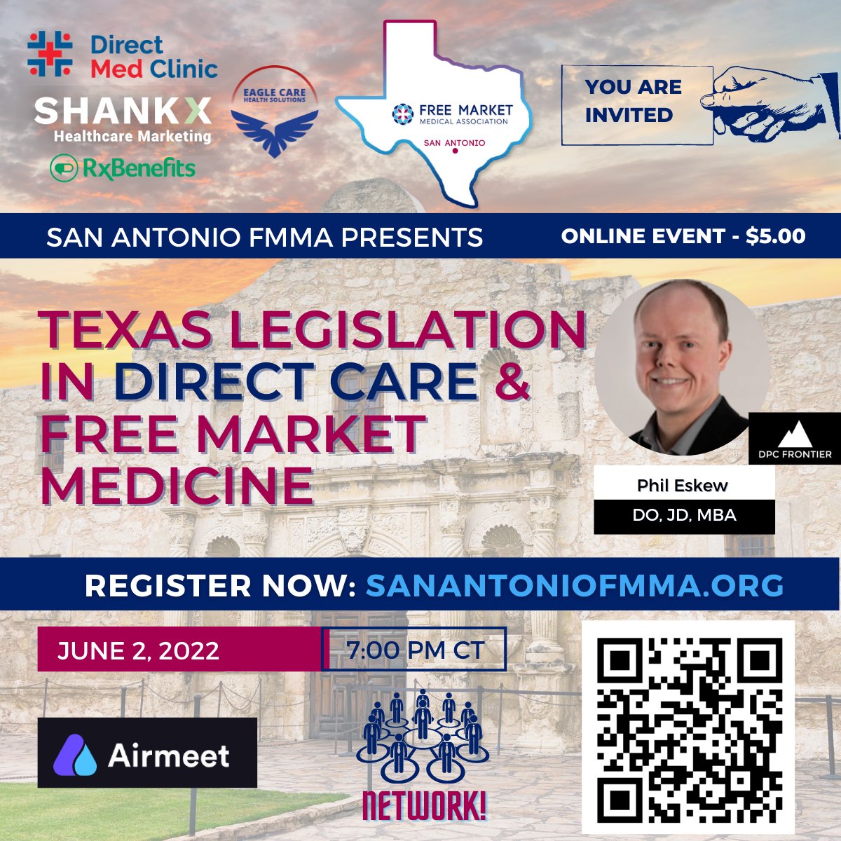 Join the San Antonio Free Market Medical Association & Philip Eskew, DO, JD, MBA on June 2, 2022 for a look at the current state of the Texas Medical Board, the Texas Board of Pharmacy, and the Texas Board of Nursing: lnkd.in/gYnHQgRH