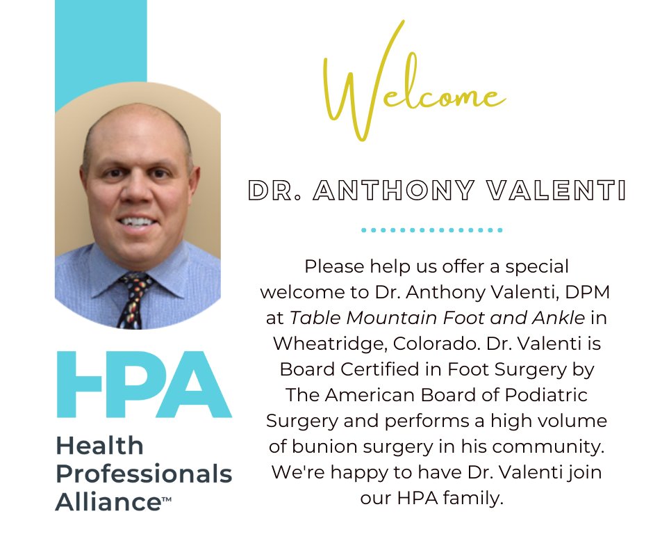 HPADocs's tweet photo. We'd like to offer a belated #welcome to a member who joined us in December 2021. Dr. Anthony Valenti is an experienced #podiatrist at Table Mountain Foot and Ankle Clinic in Colorado and we're excited to have him as part of our #alliance. https://t.co/IOs31vAOOu