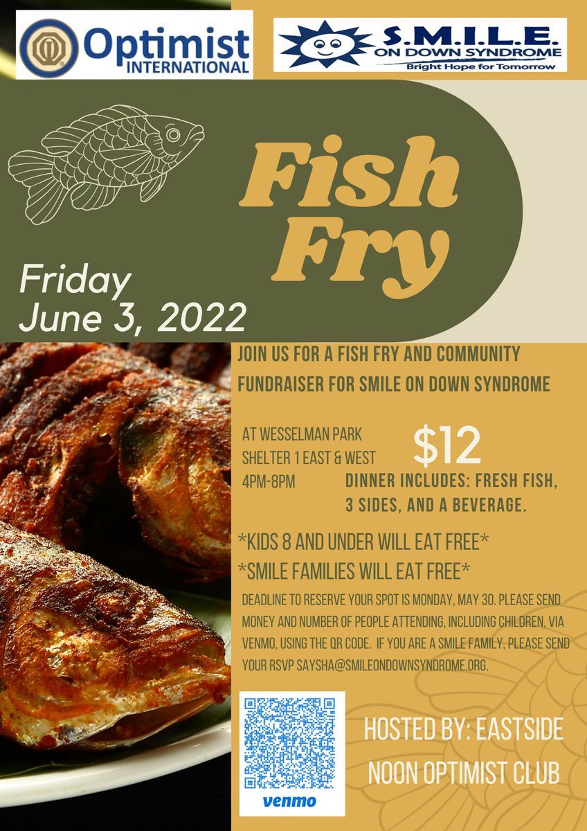 Join us for a Fish Fry and Community Fundraiser for SMILE On Down Syndrome on Friday June 3! Contact us for more information or to reserve your spot today!