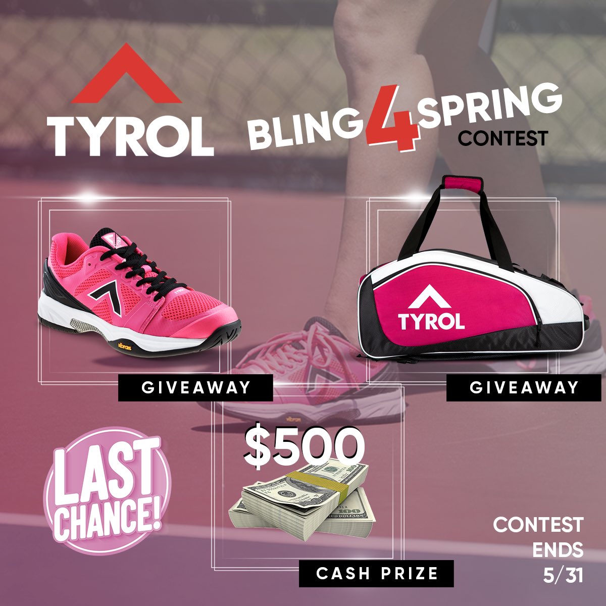 tyrolpickleball's tweet photo. We’re in the final stretch folks! Last chance to get in on the BLING4SPRING giveaway - don’t miss out! We’ve got $500 cash 💵, a pair of pro #pickleballshoes 👟 &amp; a #pickleball gear bag 🎒 going out to 3 lucky winners!
-
Contest ends 5/31 - https://t.co/2sRatQ1ulX to enter! https://t.co/UepRkyrhz9