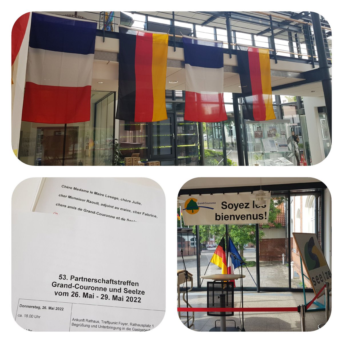 AMasthoff's tweet photo. Noch ist das Rathausfoyer leer -
doch in gut 21 Stunden sehen wir nach 2019 unsere französischen Freundinnen und Freunde aus Grand-Couronne endlich wieder und können sie hier in Seelze begrüßen.
#jumelage 
#städtepartnerschaft
#amitié 
#freundschaft 
#grandcouronne
#seelze https://t.co/L4AsRrmnx9