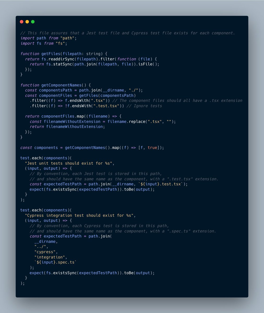 housecor's tweet image. Problem: People forget to write tests.
Solution: Write a test that asserts that each file has a test. 😎
Below, I'm using Jest to assure each component in our reusable component library has a corresponding test file.
See alt tag for Gist link.