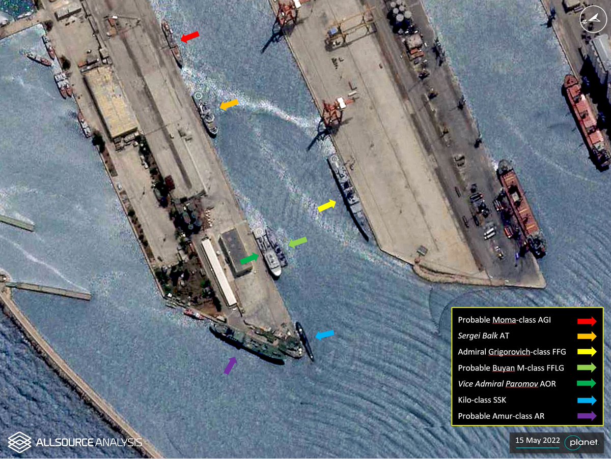 AllSourceA's tweet photo. GEOINT analysis of 15 May 2022 imagery shows the continued presence of Russian Navy vessels adjacent to the Syrian naval base, in the port of Tartus. https://t.co/epfzHDle1I
#GEOINT #Russia #Syria #Tartus #NavalBase #SituationalAwarness #VesselMonitoring #PortMonitoring https://t.co/4syQqr54td