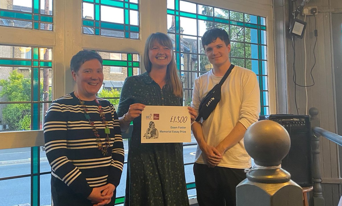 RedPeppermag's tweet photo. Congratulations to Jessica Field, who wins the inaugural Dawn Foster Essay Competition.
Author Lynsey Hanley awarded Jess a £1500 prize for her essay ‘Fighting for Cardboard City’ about housing activism on a Leeds estate. 
Here pictured with runner-up Connor Woodman. https://t.co/fMr9tB9ZPb