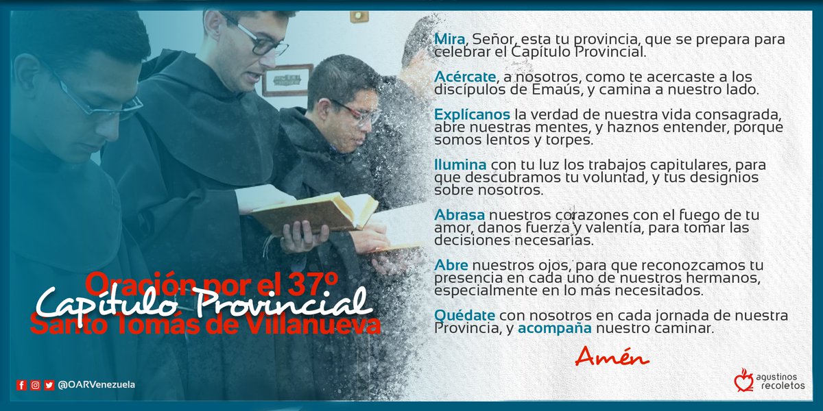 oarvenezuela's tweet photo. El próximo mes de Julio la Provincia Santo Tomás de Villanueva se reunirá para celebrar el 37 Capítulo Provincial.
Oremos por los frutos de este encuentro.
#Oración
#CapituloProvincial
#Frailes
#AgustinosRecoletos
#SantoTomásdeVillanueva https://t.co/SIqXZ1IjZf