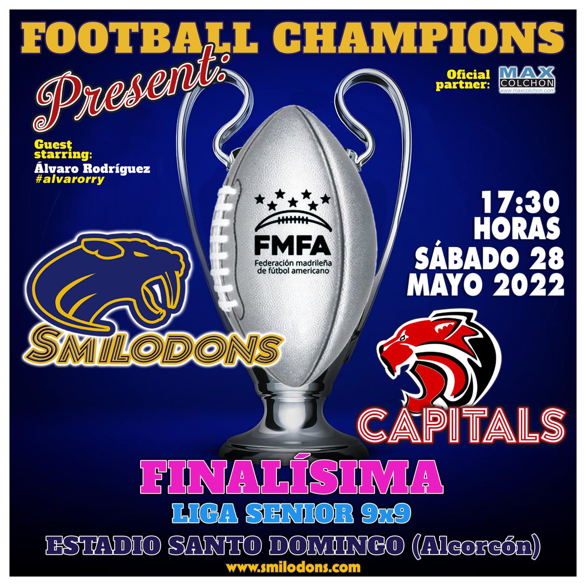 AlvaroRRY's tweet photo. No sabéis la ilusión que me hace contaros que voy a hacer el sorteo de la moneda de la Final Madrileña de Football Americano entre @Smilodons y @MadridCapitals en mi ciudad: Alcorcón.

Este sábado a las 17:30 en el Estadio Juan Antonio Anquela de Alcorcón. Pasaos a saludar! 😊 https://t.co/YLvkB9am0y
