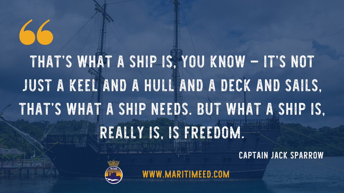 WesternMaritime's tweet photo. "Thatโs what a ship is, you know โ itโs not just a keel and a hull and a deck and sails, thatโs what a ship needs. But what a ship is, really is, is freedom."
- Captain Jack Sparrow
#WednesdayWisdom #MaritimeQuote #SeaQuote #SailingQuotes #ShipQuotes #MaritimeLife #JackSparrow https://t.co/AcrVejurRE