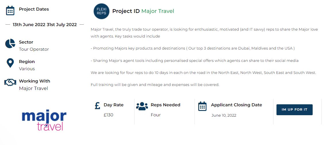 FlexiReps's tweet photo. Delighted to announce a new project with @majortravel1974 Head over the rep area of our website if you are up for this role promoting this fantastic trade loving brand. #travel #project For more info on this project or if you want to find out more email craig@flexireps.co.uk https://t.co/wKlZc58yiD