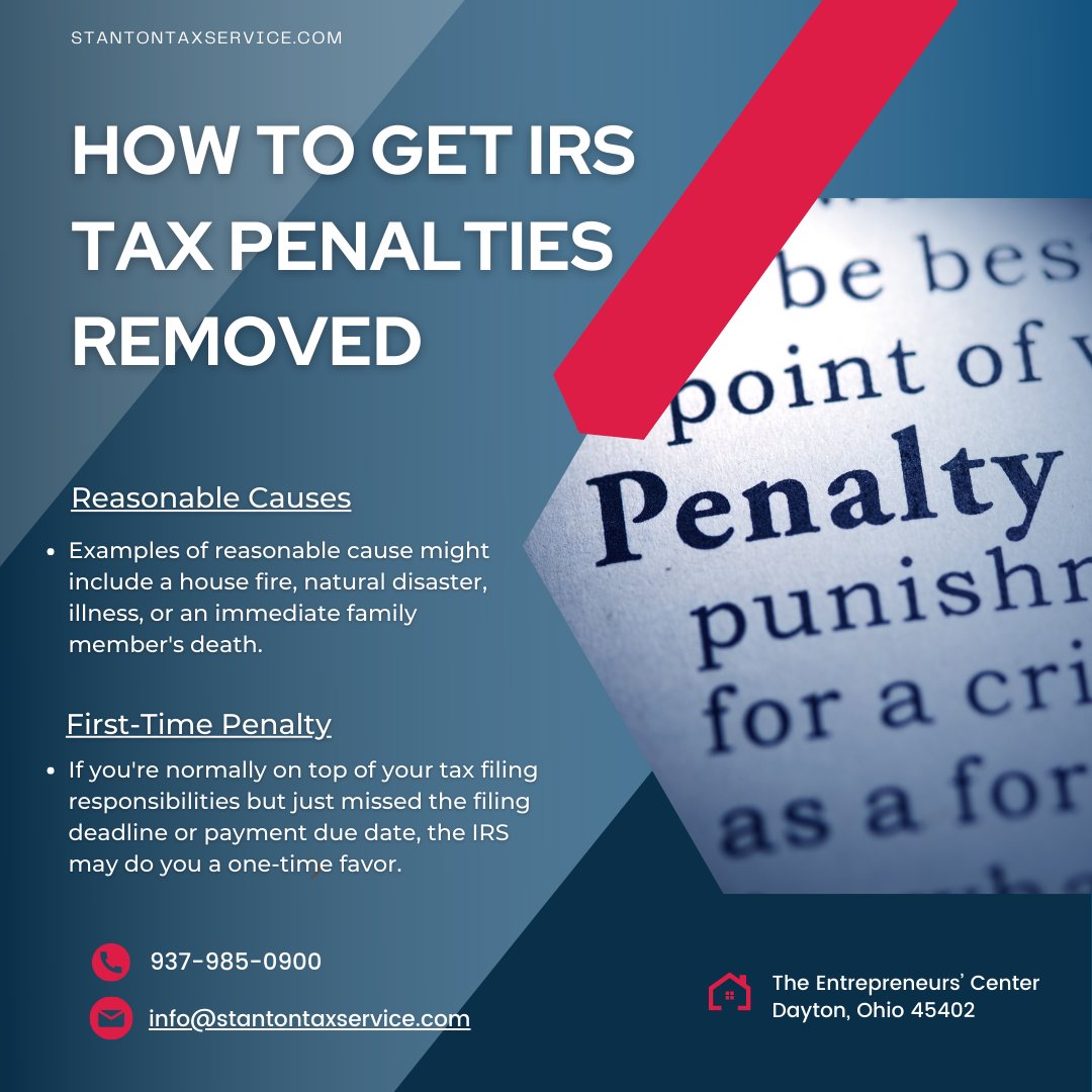 stantontax1's tweet photo. Tax penalties are a reality for many people. But, the #IRS is often willing to work with people who make mistakes. This process is known as #penaltyabatement. 2 ways to get IRS tax penalties removed.

#irspenalties #irsproblems #irsrefund #irssolution #taxes #taxtwitter https://t.co/HBvqYn50RS