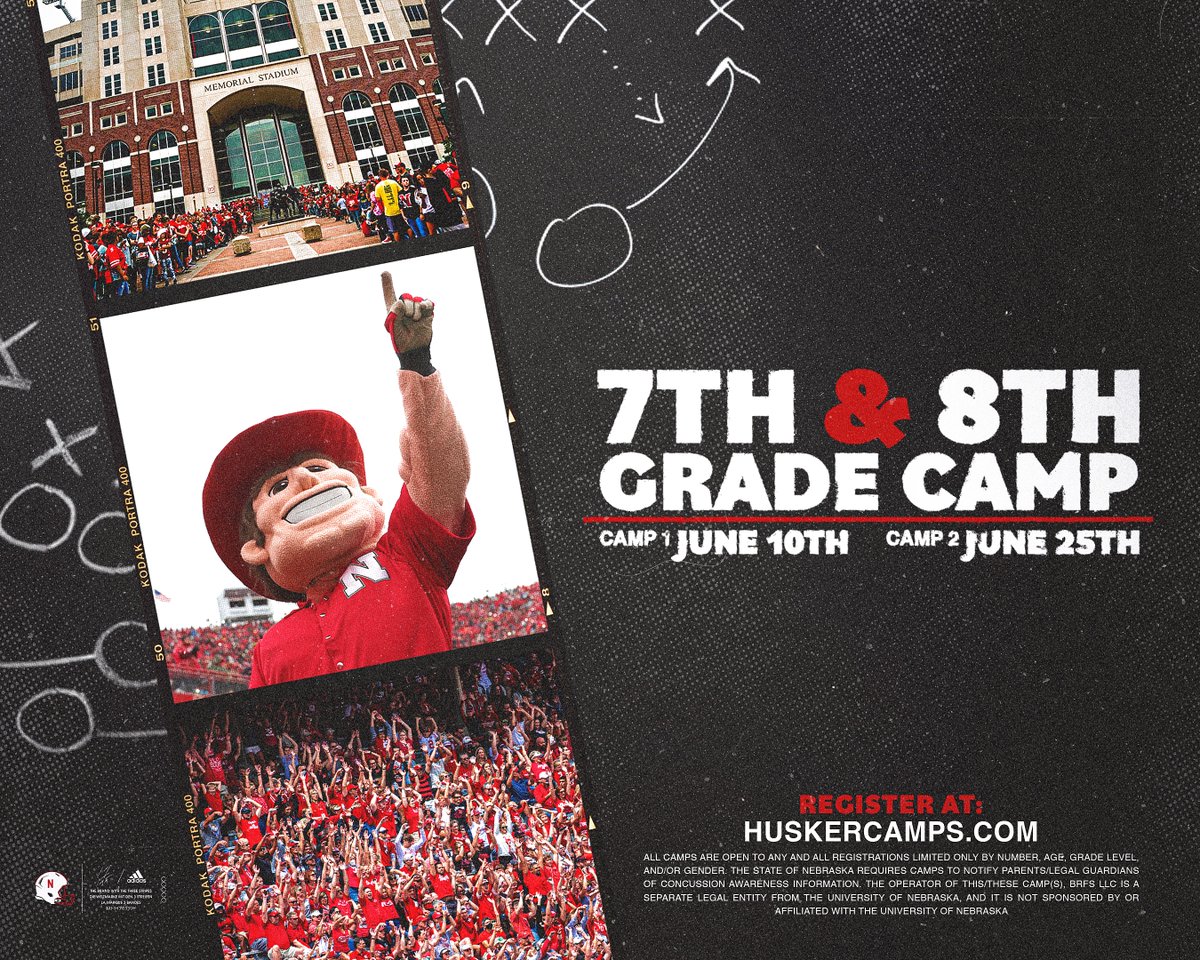 HuskerFootball's tweet photo. Rising 7th &amp; 8th Grade Camp 1️⃣ is less than three weeks away — Don’t miss out!

🔗: https://t.co/IGYwUSn8yg https://t.co/gFQgnet8Ix