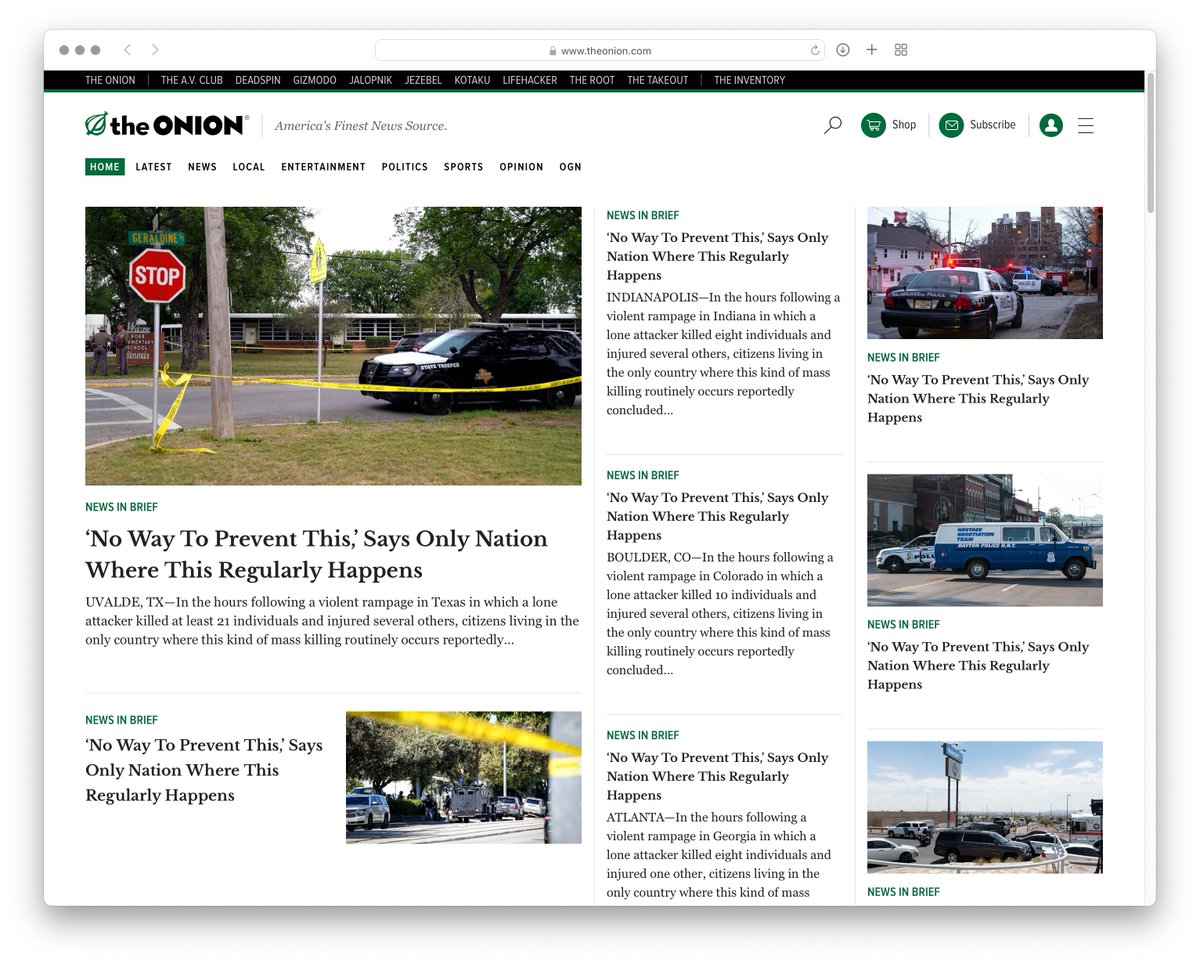 The Onion is an unwavering purveyor of emotional truth. Their homepage today is exactly how we feel. I’ve written about this before.

aaronshekey.com/posts/americas…
