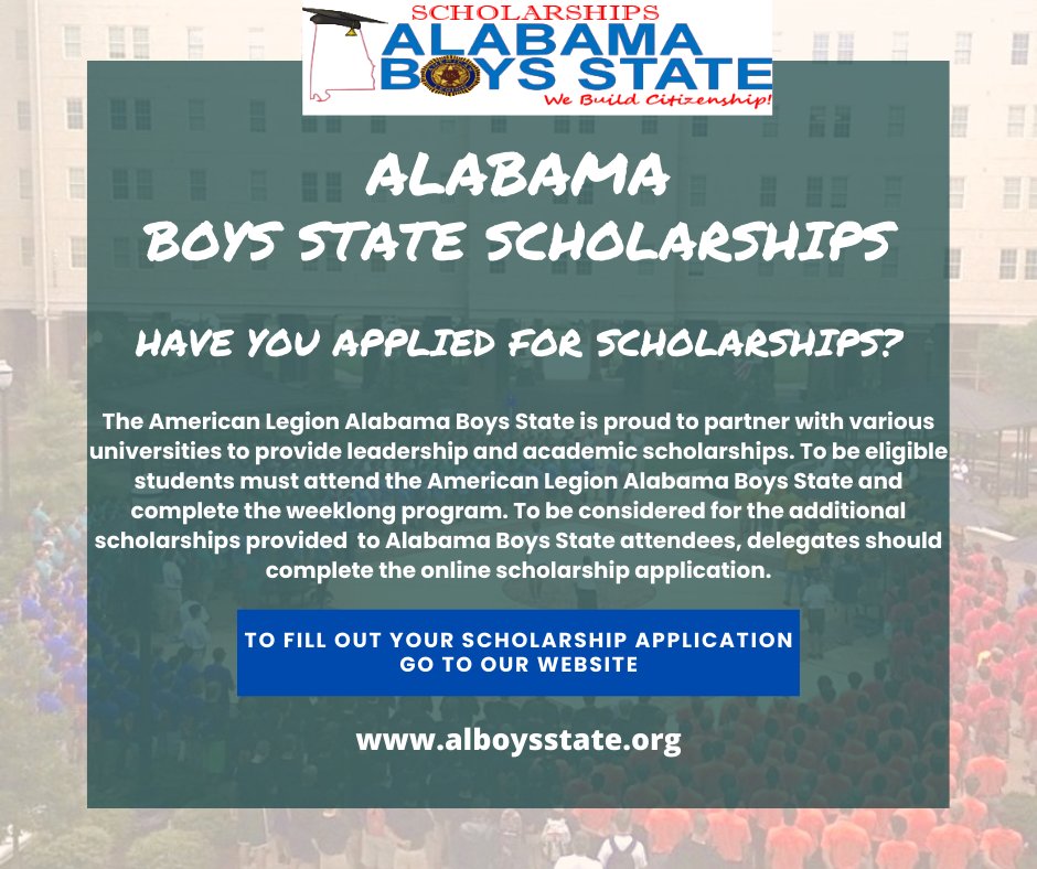 Has your son applied for our scholarships? Each year we provide scholarships to schools around the state, some scholarships are awarded simply for coming to Boys State. Visit alboysstate.org/scholarships to apply now! #albs22 #boysstate #alabama #americanlegion #webuildcitizenship