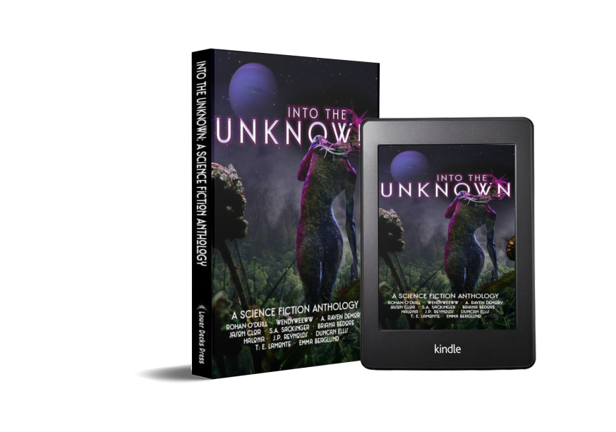 DeCrewsQuarters's tweet photo. And here it is!! The full cover for our upcoming anthology, Into the Unknown. 
Cover art by Rachel Rosen. 
Pre-orders will start on June 1st, on Amazon 🙌 https://t.co/eEw9E1UoS3