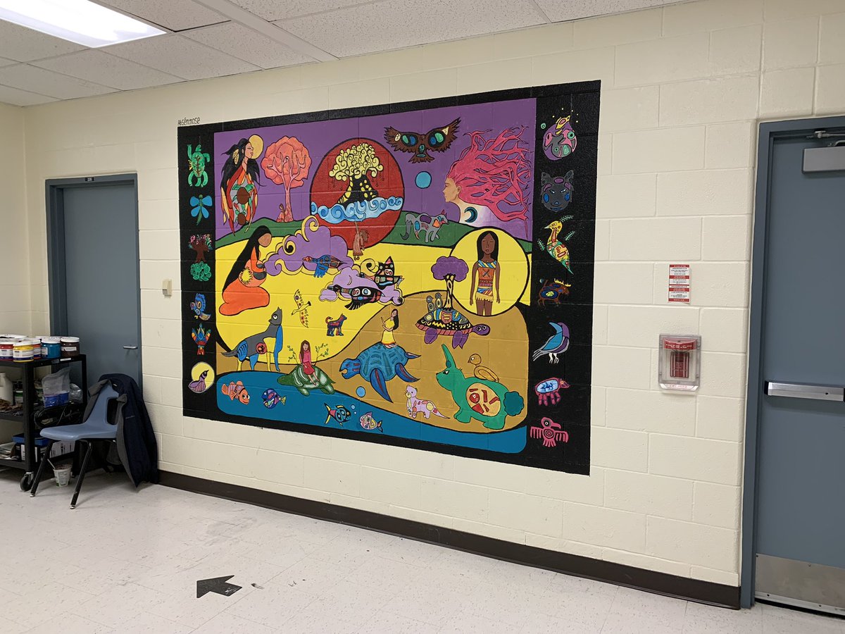 Ahsennase's tweet photo. Two large murals completed! My most ambitious project to date at @cornellvillage in @YRDSB @YRDSBArts 

2 gr7 classes (upper mural) &amp; 2 gr8 classes (staircase mural)

Next week we have a closing celebration. I’ll be up most of the night making 120 Skans/scones/bannock/frybread 😋 https://t.co/yB4ajiMZp2