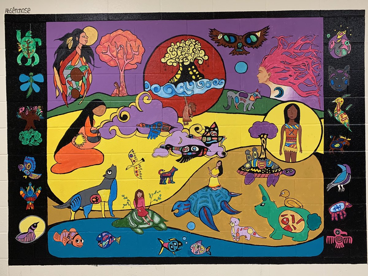 Ahsennase's tweet photo. Two large murals completed! My most ambitious project to date at @cornellvillage in @YRDSB @YRDSBArts 

2 gr7 classes (upper mural) &amp; 2 gr8 classes (staircase mural)

Next week we have a closing celebration. I’ll be up most of the night making 120 Skans/scones/bannock/frybread 😋 https://t.co/yB4ajiMZp2