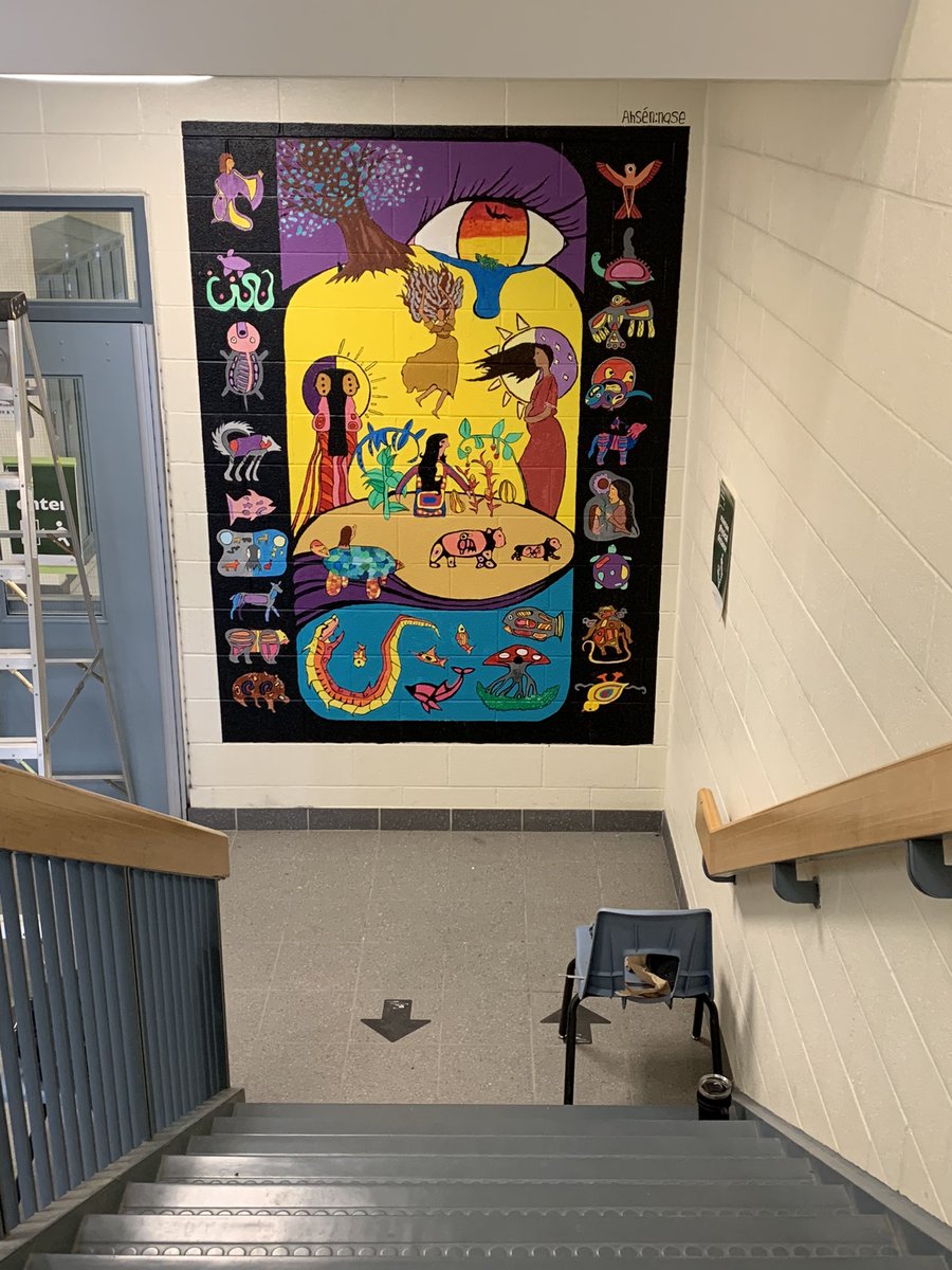 Ahsennase's tweet photo. Two large murals completed! My most ambitious project to date at @cornellvillage in @YRDSB @YRDSBArts 

2 gr7 classes (upper mural) &amp; 2 gr8 classes (staircase mural)

Next week we have a closing celebration. I’ll be up most of the night making 120 Skans/scones/bannock/frybread 😋 https://t.co/yB4ajiMZp2