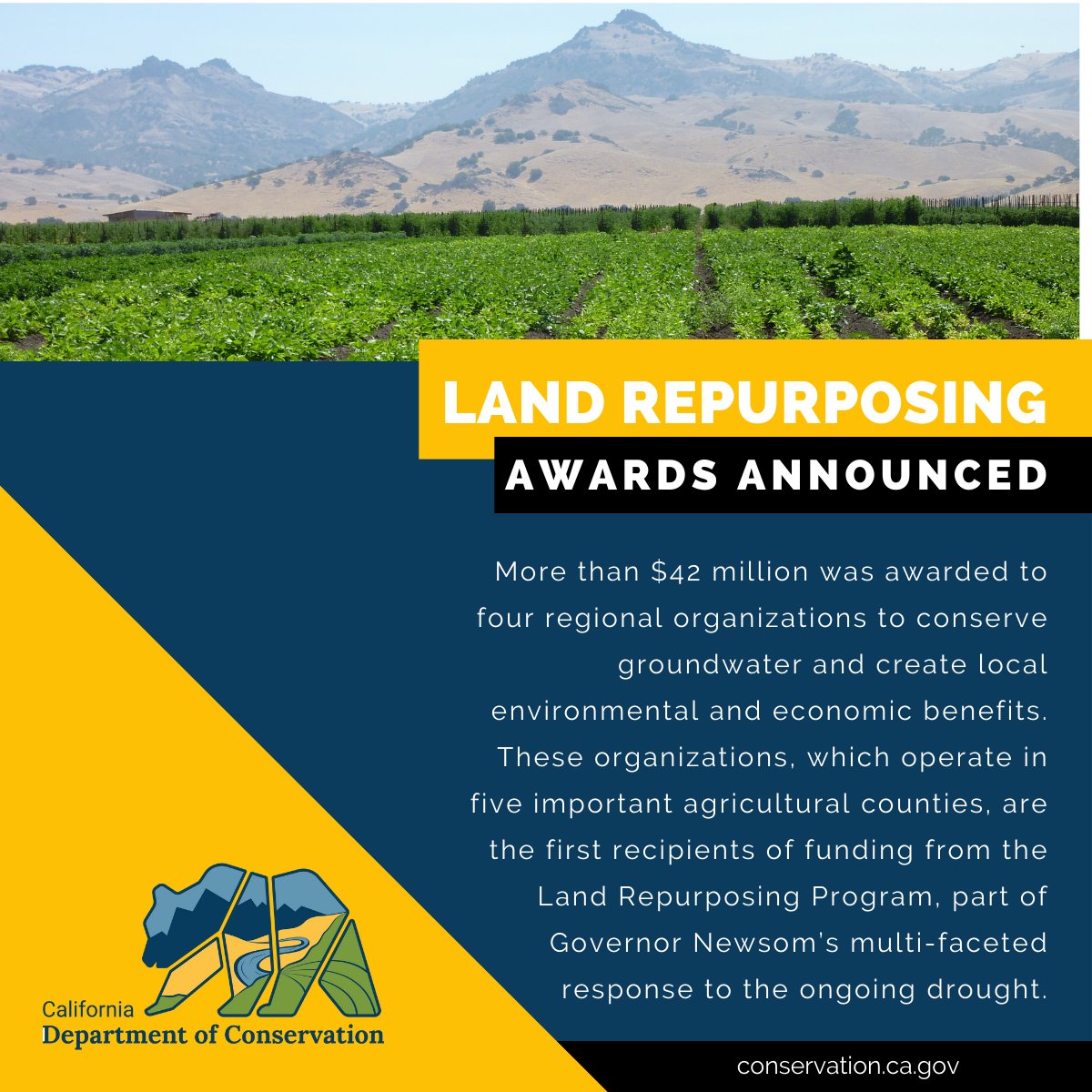 CalConservation's tweet photo. Today Conservation announced awards of over $40 million to regional orgs working to reduce groundwater reliance &amp; create local environmental &amp; economic opportunities through land-use changes.
https://t.co/25rCjYJG1z https://t.co/yOVtb8iHoA