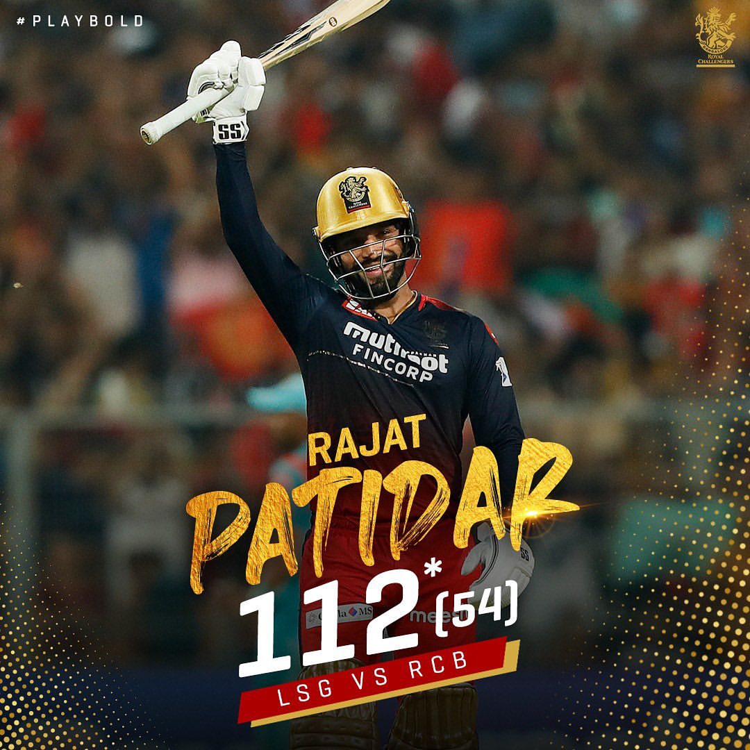 ItsAv15's tweet photo. Innings of a lifetime. Take a bow #RajatPatidar . Was a replacement player for Bangalore and has played a blinder in the eliminator. #RCBvLSG 
#congratulationrcb https://t.co/9LAXKamhMu