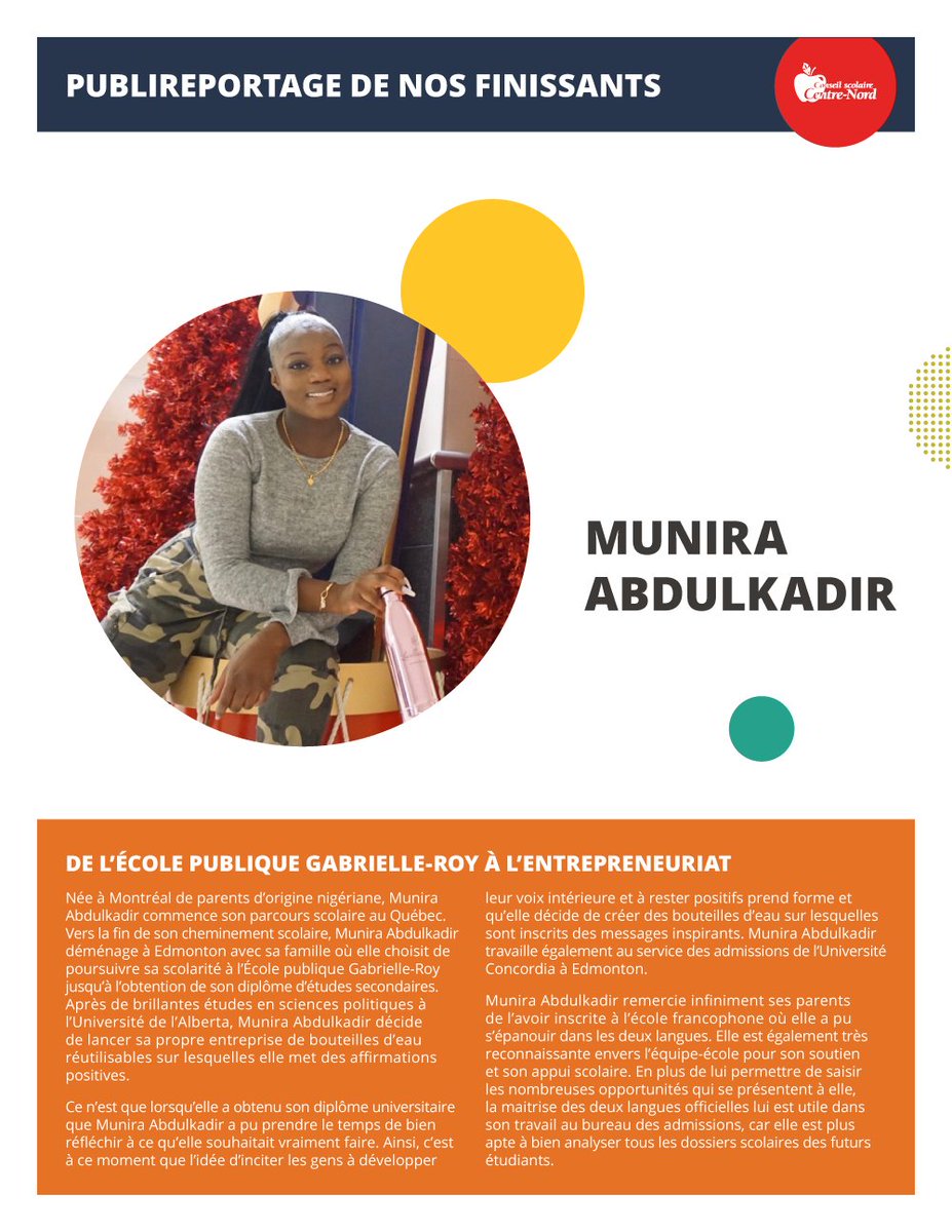 CSCNInfo's tweet photo. Publireportage de nos finissants
Munira Abdulkadir : de l’École publique Gabrielle-Roy à l’entrepreneuriat https://t.co/BBmvWHxWYH @Ecole_GR  
Justin Kingston : de l’école Maurice-Lavallée au barreau https://t.co/otNVrWcYa9 @Ecole_ML 
#Finissants #unmondedereussite https://t.co/GYirzRG3AB