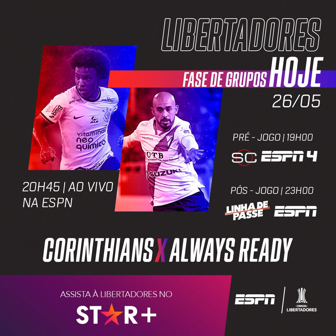 ESPNBrasil's tweet photo. ⚠Curtir a noite com #LibertadoresNaESPN? Queremos! Hoje, às 20h45 tem Corinthians e Always Ready. Qual seu favorito nesse confronto?
Assista AO VIVO pela #ESPNnoStarPlus!
Acesse: https://t.co/7JTDh4LdbU
#FutebolNaESPN https://t.co/mIqUHG8Skx