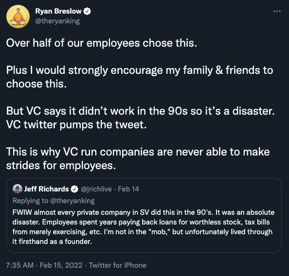 ChrisJBakke's tweet photo. Layoffs suck, but this is particularly awful. 

Startups are risky enough as it is. 

To brag that 50% of your team took out 100% personal recourse loans to buy your stock months before cutting jobs is 10x worse than the mass-Zoom-layoff companies. https://t.co/MbnQ8hSYoN