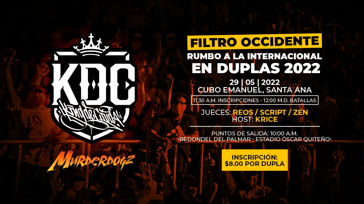 kingdeciuda's tweet photo. Freestylers de occidente 🫡, demuestren su casta de rey 👑 participando en nuestro próximo filtro realizado por @murderdogz. Te esperamos este domingo 29 de mayo, a partir de las 11:30 a.m. 👊🏼

#KingdeCiuda #SantaAna #Freestyle #ElSalvador https://t.co/faHv9UvEbW