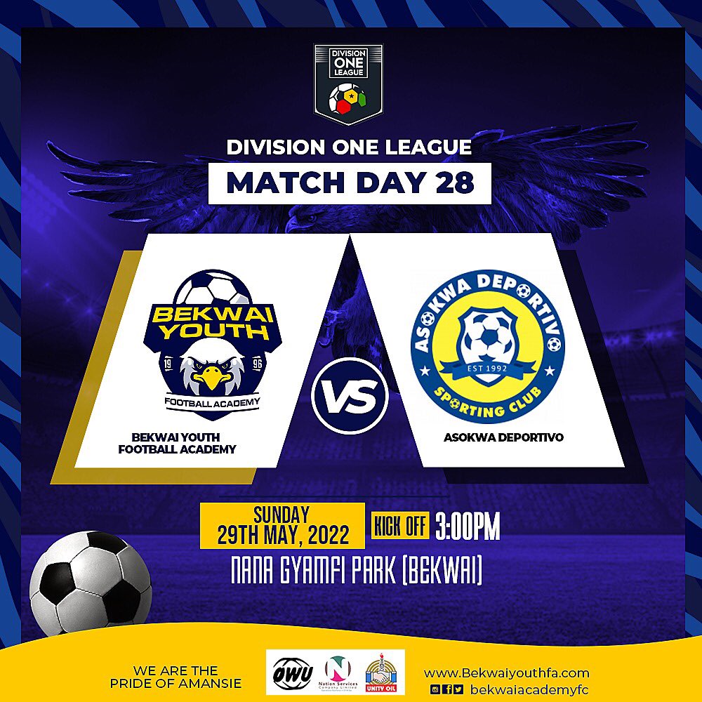 nationsfcgh's tweet photo. Match Day ( Home )
π | @Asokwadepotivo
ποΈ | Nana Gyamfi Park-Bekwai
π | @DivisionOneGH
π | Sunday 29th May, 2022
β | 3:00pm
The Eagle π¦
Is Home #BYFA π¦
#byfaasokwa #prideofamansie #ghanadivisiononeleague #football #ghana #bekwai #byfa #bekwaiyouth #amansie #theeagle https://t.co/N14lf7jrek