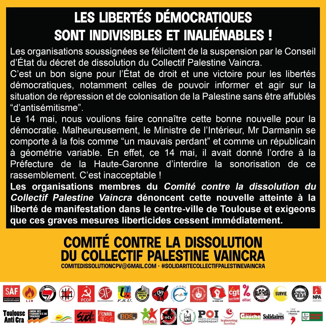 DissolutionCPV's tweet photo. 🚨 Nouveau communiqué du Comité contre la dissolution du Collectif Palestine Vaincra 🚨 https://t.co/2IVED4nVcS