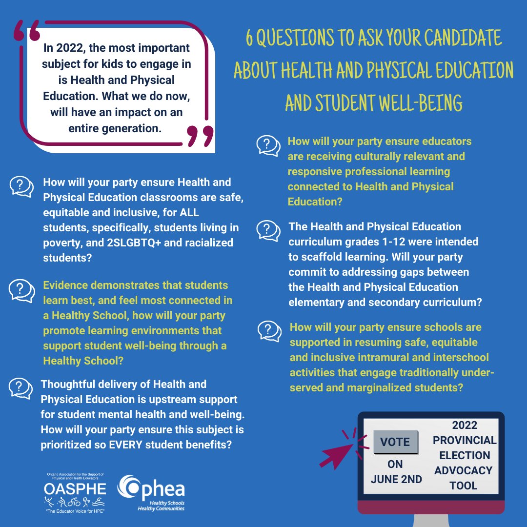 Where does your Provincial Candidate stand on Health and Physical Education? and how does it support students? Be prepared and informed for the June 2 election!